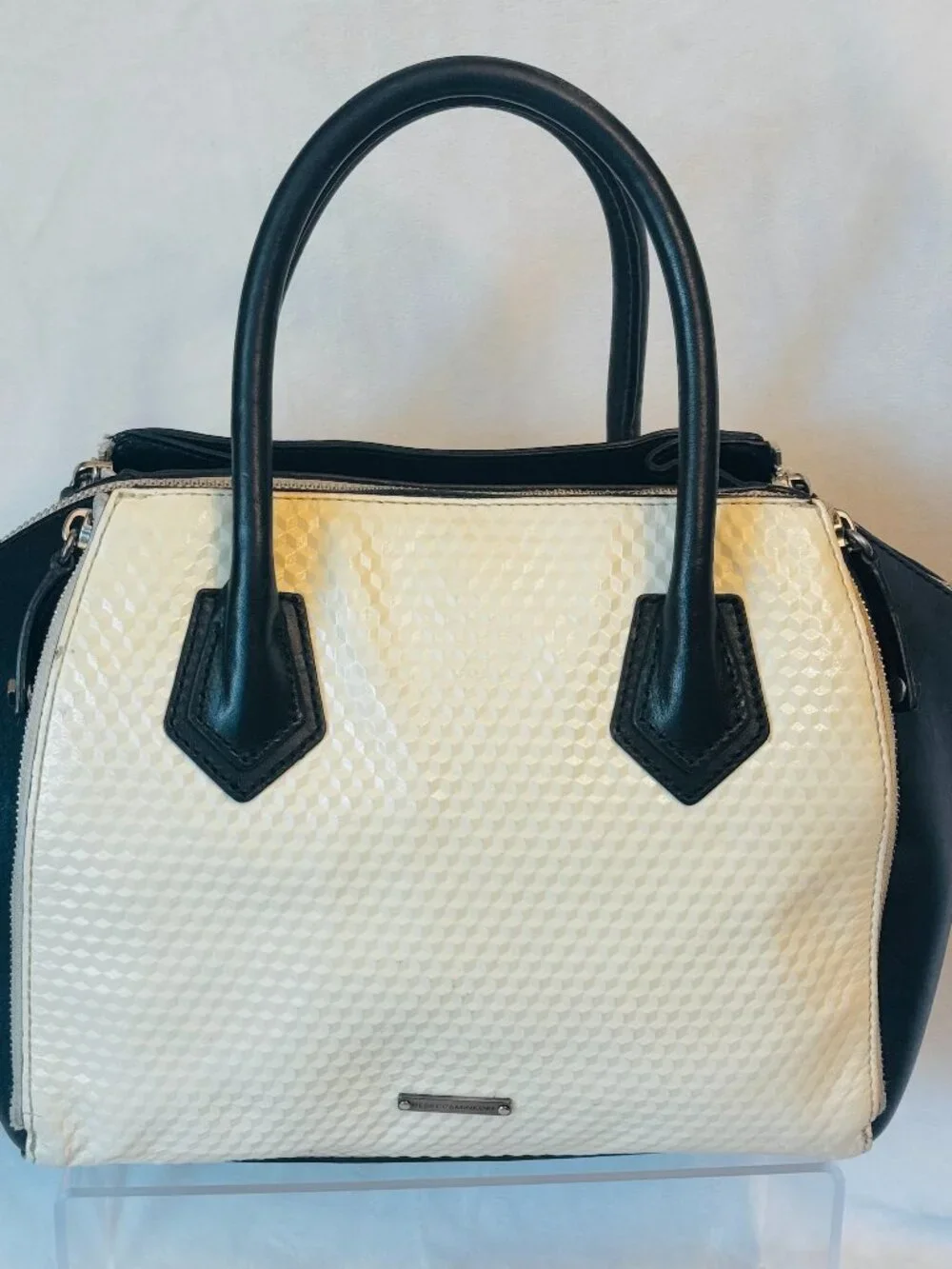 Rebecca Minkoff Perry Satchel Black Eggshell Outer Zipper pockets No strap READ